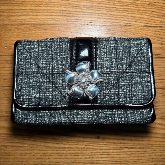 Brighton Handbags - Brighton Black and Gray Tweed Clutch with Silver Flower and chain strap